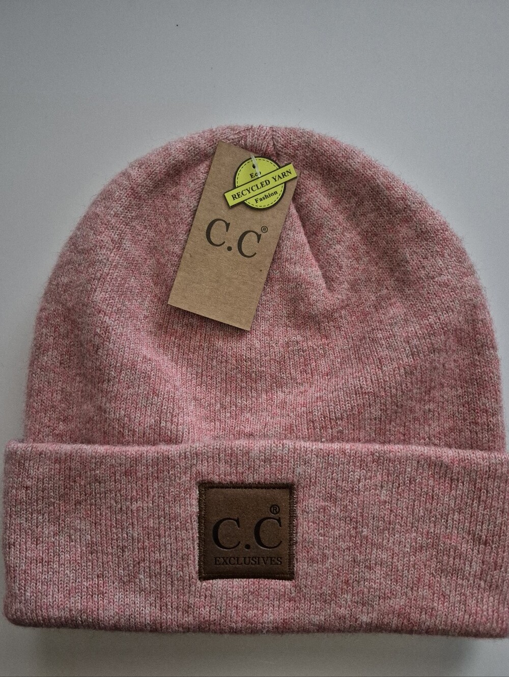 C.C Exclusives Light Pink Knit Cuffed Beanie with Leather Patch